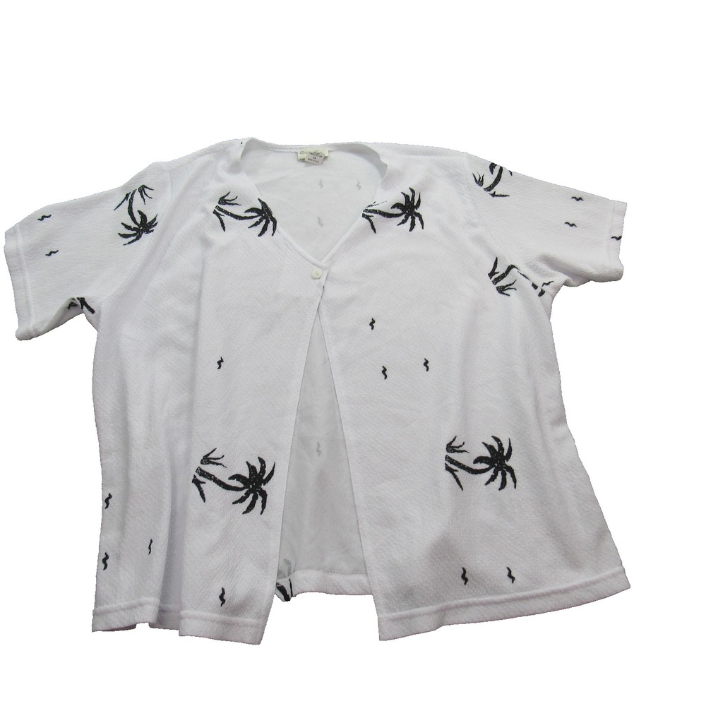 Rendy Vous Shirt Womens 2XL White Black Palm Tree Embroidered Open Front USA Top